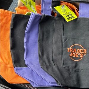 4 Trader Joe's Canvas Tote Bag Set - Black, Purple, Orange Halloween colors